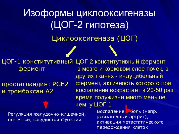 Изоформы циклооксигеназы (ЦОГ-2 гипотеза) Циклооксигеназа (ЦОГ) ЦОГ-1 конститутивный фермент ЦОГ-2 конститутивный