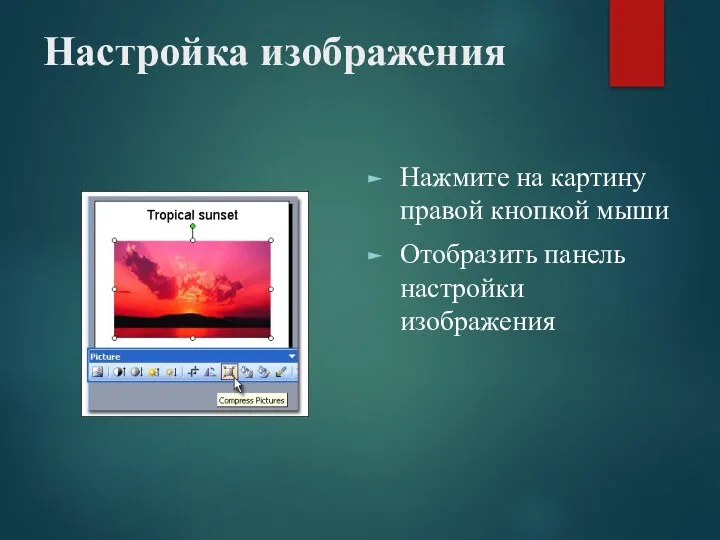 Настройка изображения Нажмите на картину правой кнопкой мыши Отобразить панель настройки изображения