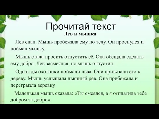 Прочитай текст Лев и мышка. Лев спал. Мышь пробежала ему по