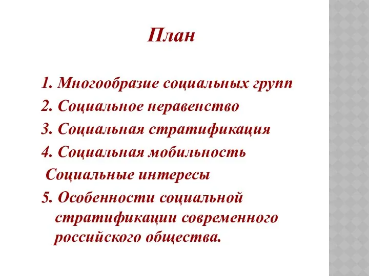 План 1. Многообразие социальных групп 2. Социальное неравенство 3. Социальная стратификация