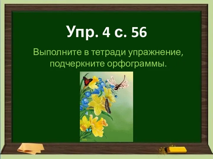 Упр. 4 с. 56 Выполните в тетради упражнение, подчеркните орфограммы.