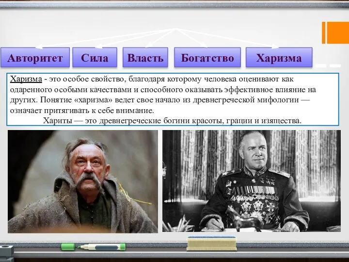 Источники власти Авторитет Сила Власть Богатство Харизма Харизма - это особое