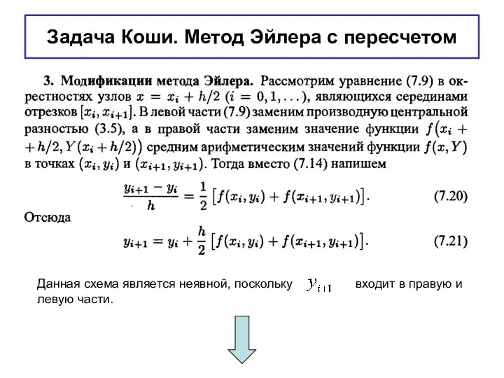 Задача Коши. Метод Эйлера с пересчетом Данная схема является неявной, поскольку