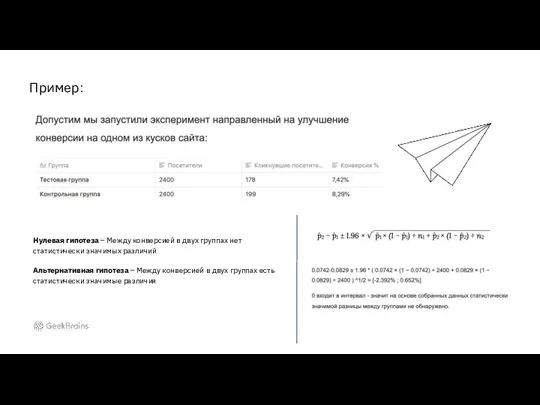 Пример: Нулевая гипотеза – Между конверсией в двух группах нет статистически