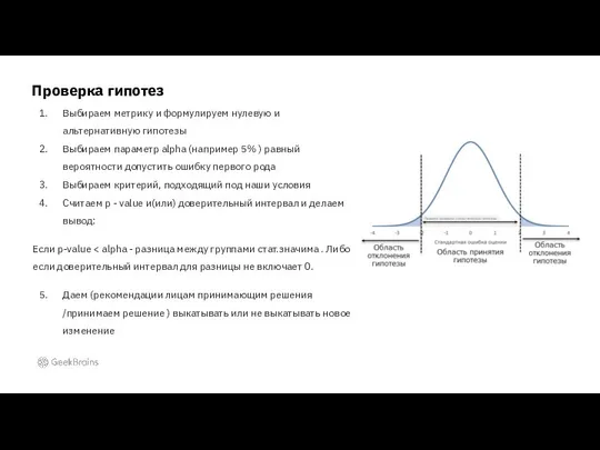 Проверка гипотез Выбираем метрику и формулируем нулевую и альтернативную гипотезы Выбираем