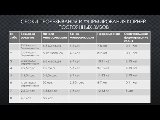 СРОКИ ПРОРЕЗЫВАНИЯ И ФОРМИРОВАНИЯ КОРНЕЙ ПОСТОЯННЫХ ЗУБОВ