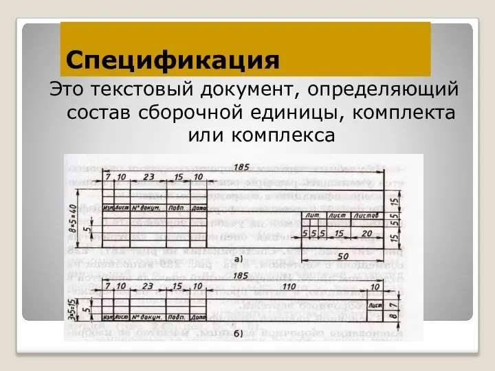 Спецификация Это текстовый документ, определяющий состав сборочной единицы, комплекта или комплекса