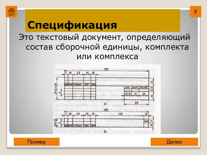 Спецификация Это текстовый документ, определяющий состав сборочной единицы, комплекта или комплекса Х Далее Пример