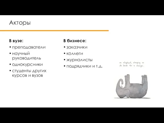 Акторы В вузе: преподаватели научный руководитель однокурсники студенты других курсов и