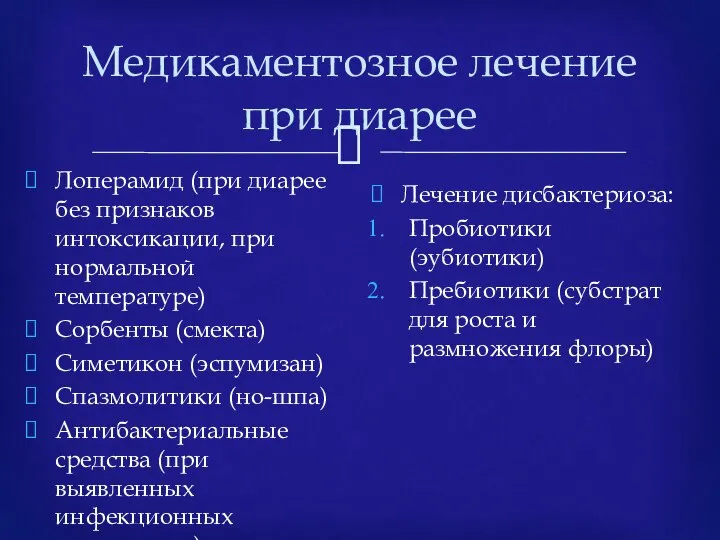 Медикаментозное лечение при диарее Лоперамид (при диарее без признаков интоксикации, при