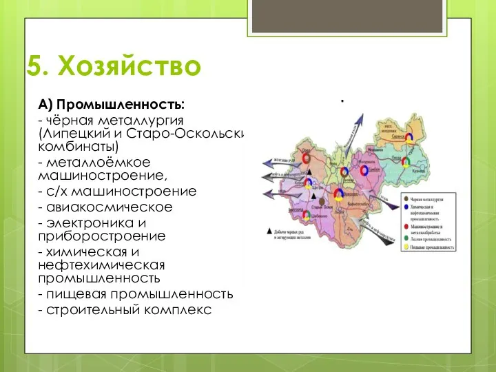 5. Хозяйство А) Промышленность: - чёрная металлургия (Липецкий и Старо-Оскольский комбинаты)