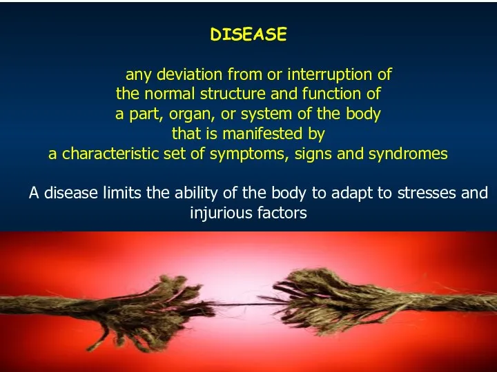 DISEASE any deviation from or interruption of the normal structure and