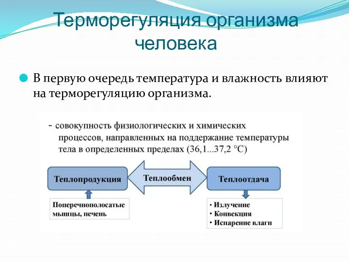 Терморегуляция организма человека В первую очередь температура и влажность влияют на терморегуляцию организма.