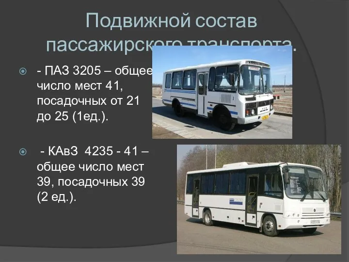 Подвижной состав пассажирского транспорта. - ПАЗ 3205 – общее число мест