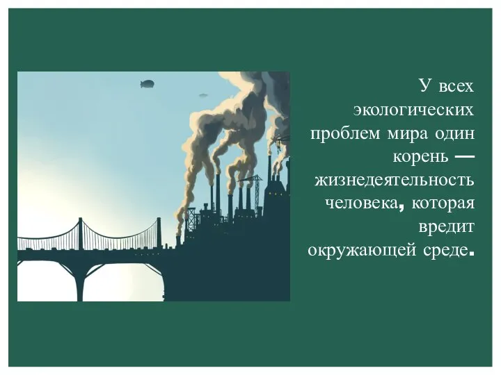 У всех экологических проблем мира один корень — жизнедеятельность человека, которая вредит окружающей среде.