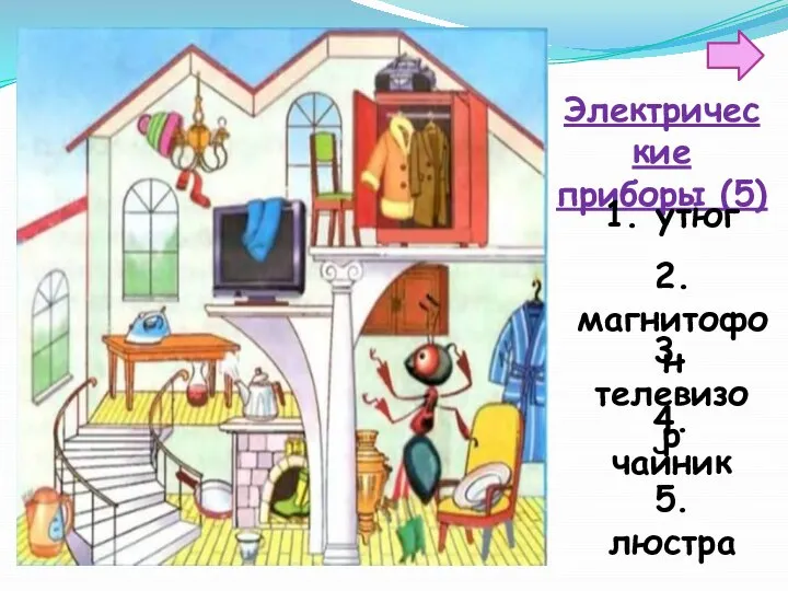 Электрические приборы (5) 1. утюг 2.магнитофон 3. телевизор 4. чайник 5. люстра