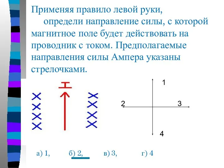 Применяя правило левой руки, определи направление силы, с которой магнитное поле