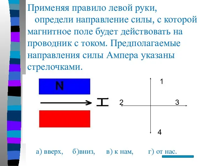 Применяя правило левой руки, определи направление силы, с которой магнитное поле