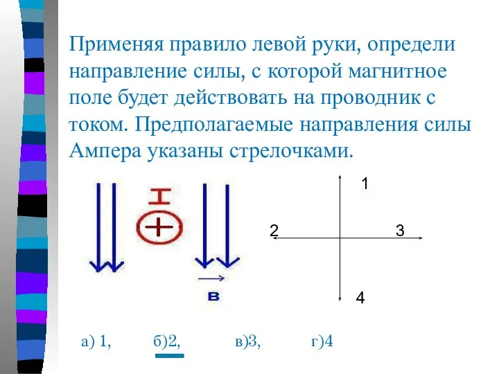 Применяя правило левой руки, определи направление силы, с которой магнитное поле
