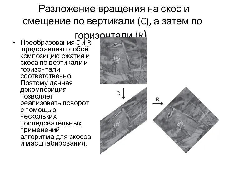 Разложение вращения на скос и смещение по вертикали (C), а затем