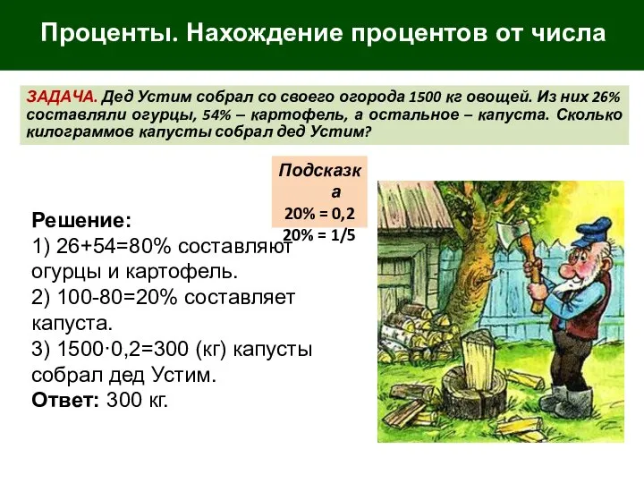 Проценты. Нахождение процентов от числа ЗАДАЧА. Дед Устим собрал со своего