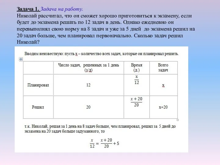 Задача 1. Задача на работу. Николай рассчитал, что он сможет хорошо