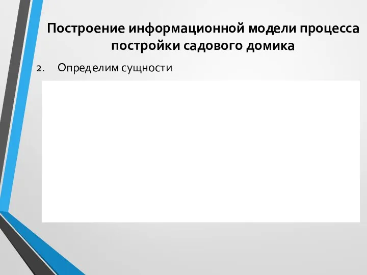 Построение информационной модели процесса постройки садового домика Определим сущности