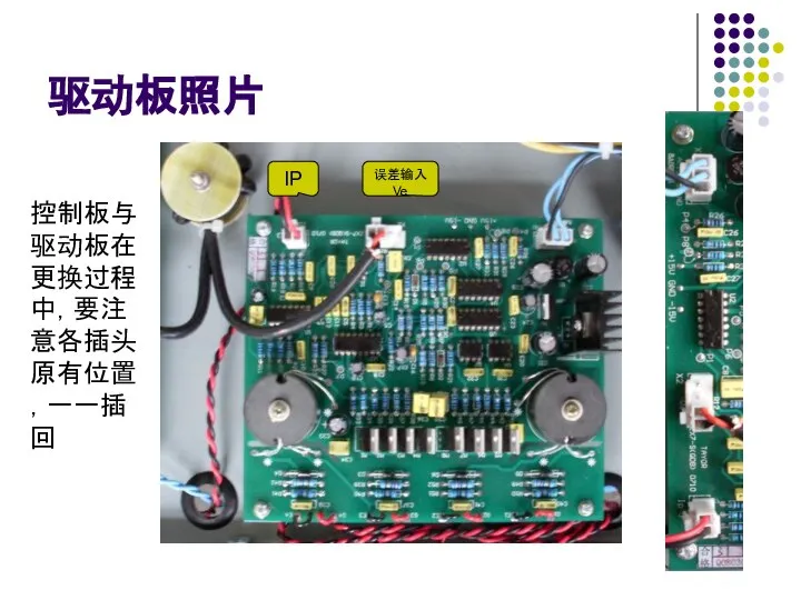 驱动板照片 误差输入Ve IP 控制板与驱动板在更换过程中，要注意各插头原有位置，一一插回