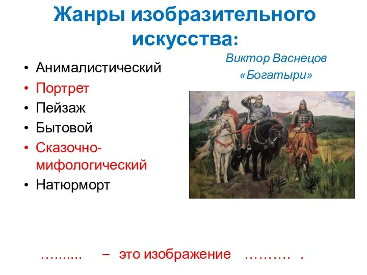 Жанры изобразительного искусства: Анималистический Портрет Пейзаж Бытовой Сказочно-мифологический Натюрморт Виктор Васнецов