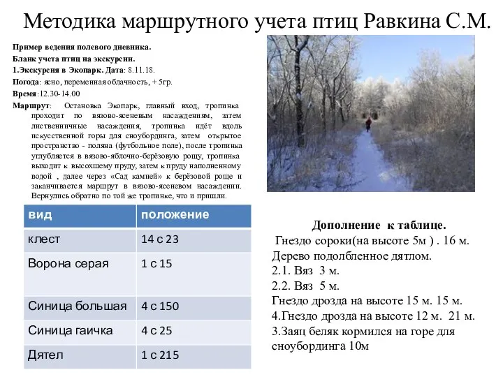 Методика маршрутного учета птиц Равкина С.М. Пример ведения полевого дневника. Бланк