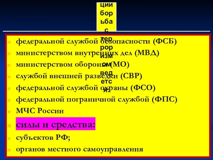 федеральной службой безопасности (ФСБ) министерством внутренних дел (МВД) министерством обороны (МО)