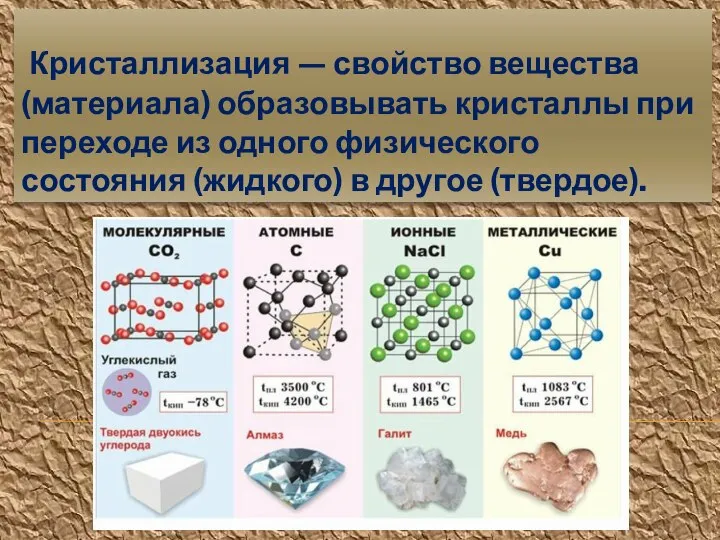 Кристаллизация — свойство вещества (материала) образовывать кристаллы при переходе из одного