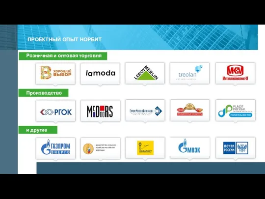 ПРОЕКТНЫЙ ОПЫТ НОРБИТ Розничная и оптовая торговля Производство и другие