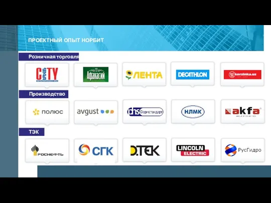 ПРОЕКТНЫЙ ОПЫТ НОРБИТ Розничная торговля Производство ТЭК