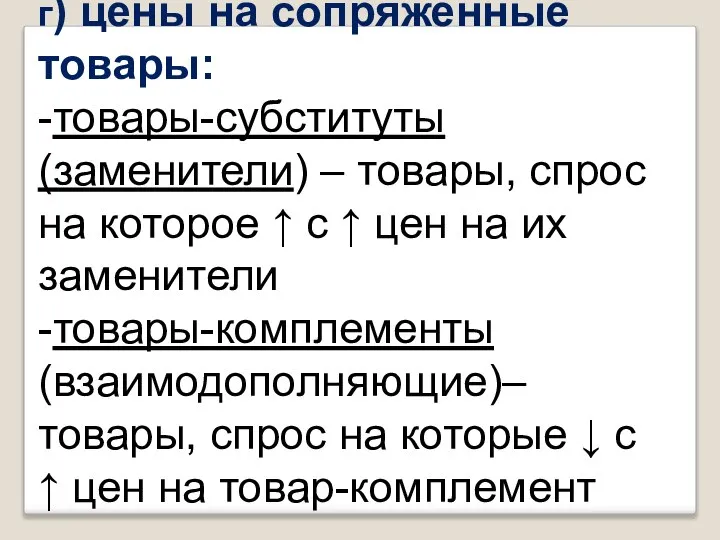 г) цены на сопряженные товары: -товары-субституты (заменители) – товары, спрос на