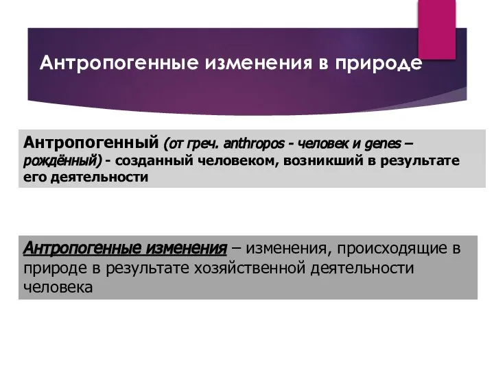 Антропогенные изменения в природе Антропогенные изменения – изменения, происходящие в природе