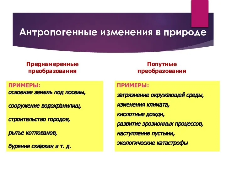 Преднамеренные преобразования ПРИМЕРЫ: освоение земель под посевы, сооружение водохранилищ, строительство городов,