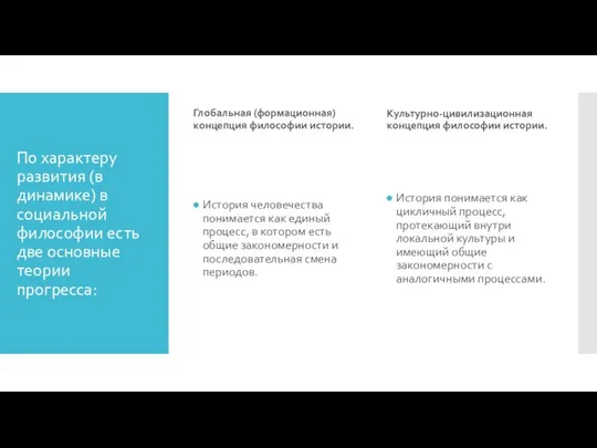 По характеру развития (в динамике) в социальной философии есть две основные