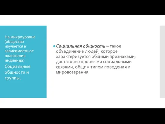 На микроуровне (общество изучается в зависимости от положения индивида) Социальная общность