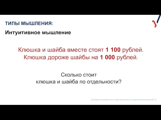 ТИПЫ МЫШЛЕНИЯ: Клюшка и шайба вместе стоят 1 100 рублей. Клюшка