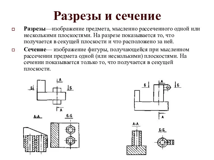 Разрезы и сечение Разрезы—изображение предмета, мысленно рассеченного одной или несколькими плоскостями.