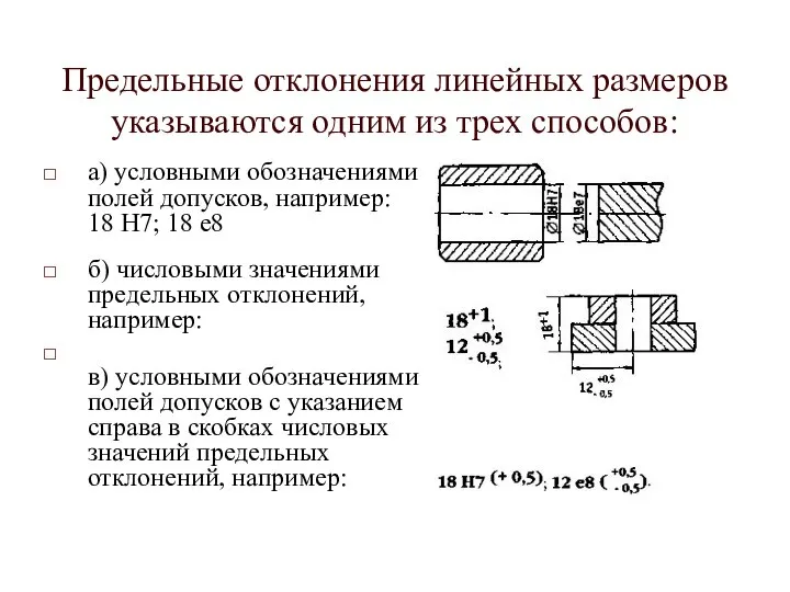 Предельные отклонения линейных размеров указываются одним из трех способов: а) условными