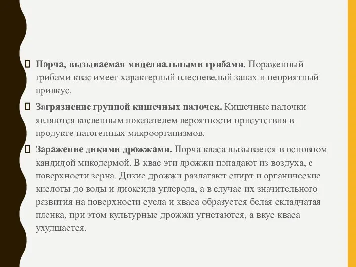 Порча, вызываемая мицелиальными грибами. Пораженный грибами квас имеет характерный плесневелый запах