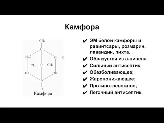 Камфора ЭМ белой камфоры и равинтсары, розмарин, лавандин, пихта. Образуется из