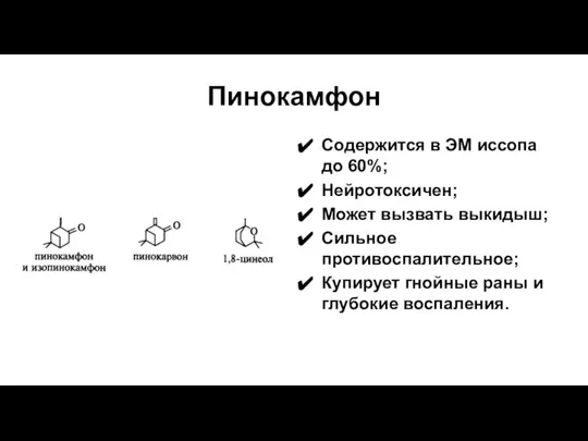 Пинокамфон Содержится в ЭМ иссопа до 60%; Нейротоксичен; Может вызвать выкидыш;