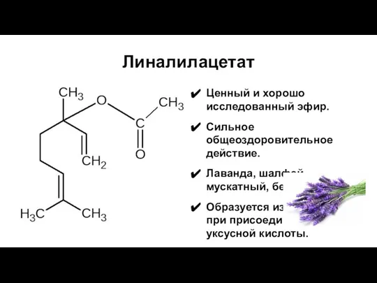 Линалилацетат Ценный и хорошо исследованный эфир. Сильное общеоздоровительное действие. Лаванда, шалфей