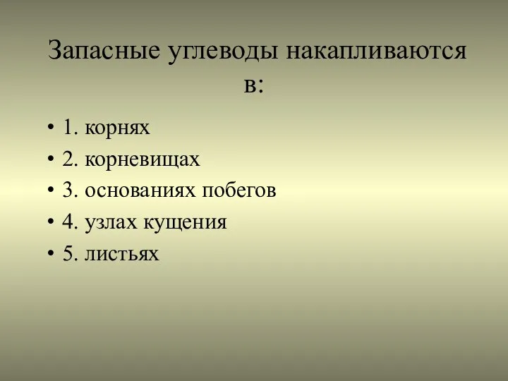 Запасные углеводы накапливаются в: 1. корнях 2. корневищах 3. основаниях побегов 4. узлах кущения 5. листьях