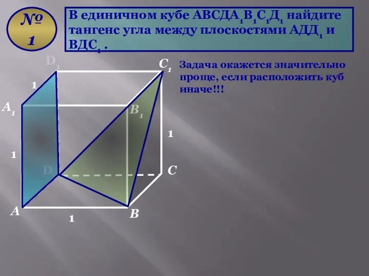 В единичном кубе АВСДА1В1С1Д1 найдите тангенс угла между плоскостями АДД1 и