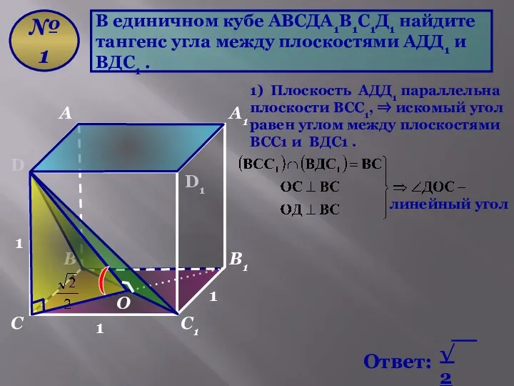 В единичном кубе АВСДА1В1С1Д1 найдите тангенс угла между плоскостями АДД1 и