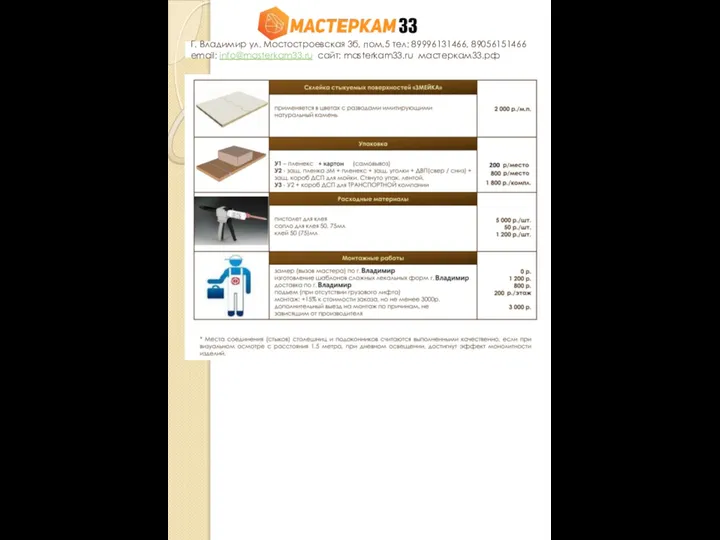 Г. Владимир ул. Мостостроевская 3б, пом.5 тел: 89996131466, 89056151466 email: info@masterkam33.ru сайт: masterkam33.ru мастеркам33.рф